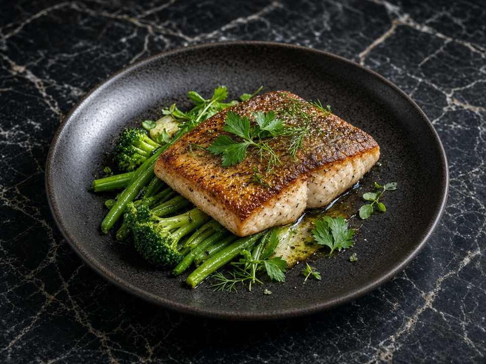 Assiette de cabillaud, légumes verts et herbes à SlickDisherie.com.