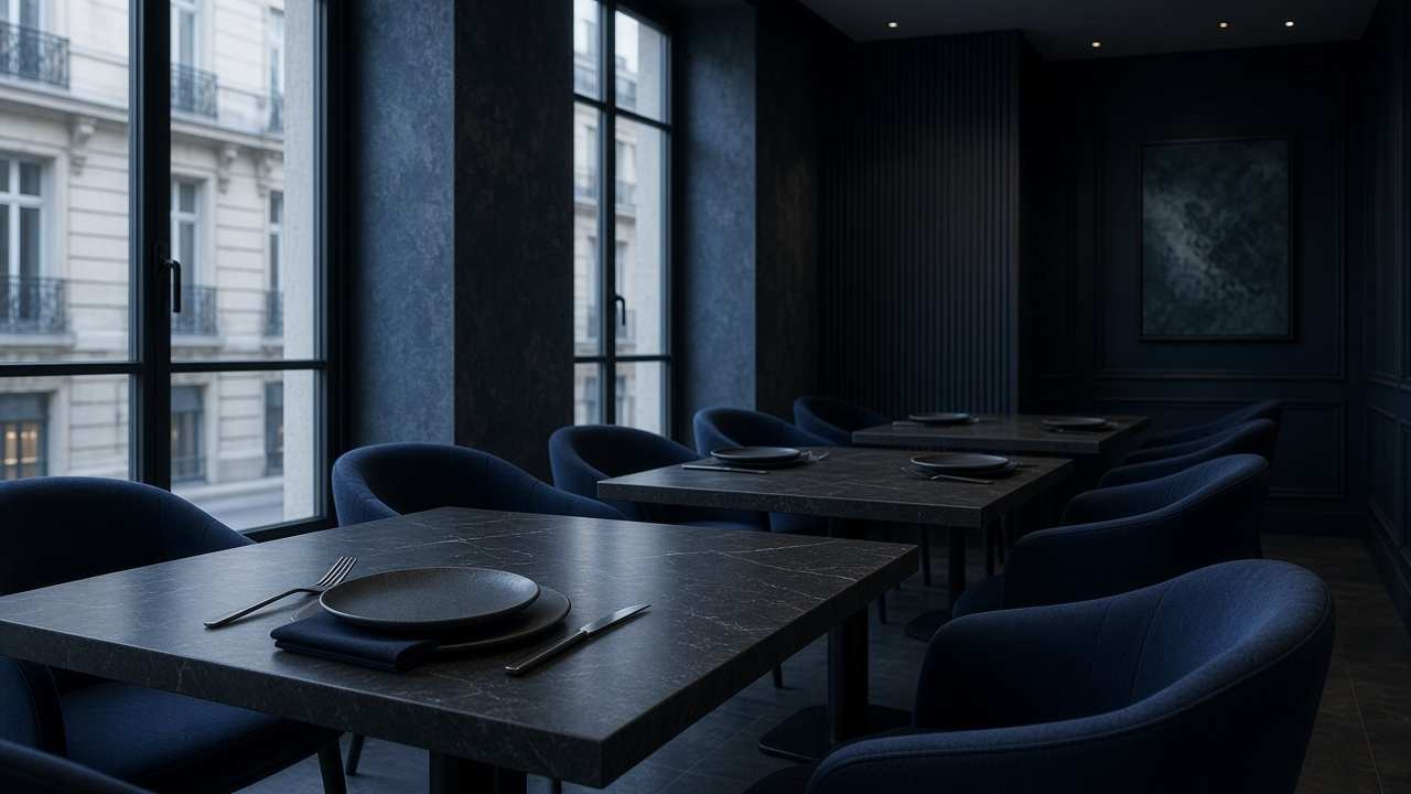 Salle à manger de SlickDisherie.com, tables de pierre et chaises bleu nuit, quartier de l'Opéra.